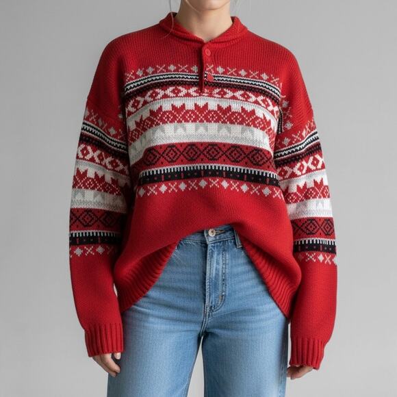 Vintage 90s Fair Isle Sweater Apres Ski Nordic Red Henley Cozy Knit Scandi XL - Picture 1 of 11